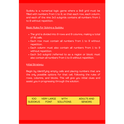 Easy Sudokus for Adults and Seniors - Very Large Font - Vol. 1: 100 Sudokus with Included Solutions - Easy Level