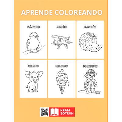 Contraportada Libro de colorear Aprende Coloreando: Dibujos para pintar para niños de 2, 3, 4 años de animales, frutas, oficios, formas, unicornios y objetos cotidianos. Gran tamaño