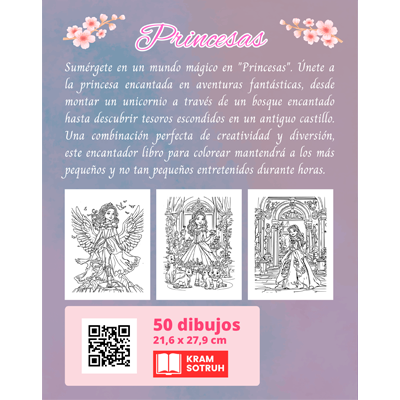 Contraportada Princesas - Libro de colorear: 50 dibujos preciosos para pintar para niñas y niños a partir de 7 años (Perfecto para regalo, Gran formato)