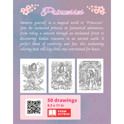 Contraportada Princesses - Coloring Book: 50 beautiful drawings to paint for girls and boys from 7 years old (Perfect for a gift, Large format) Inglés